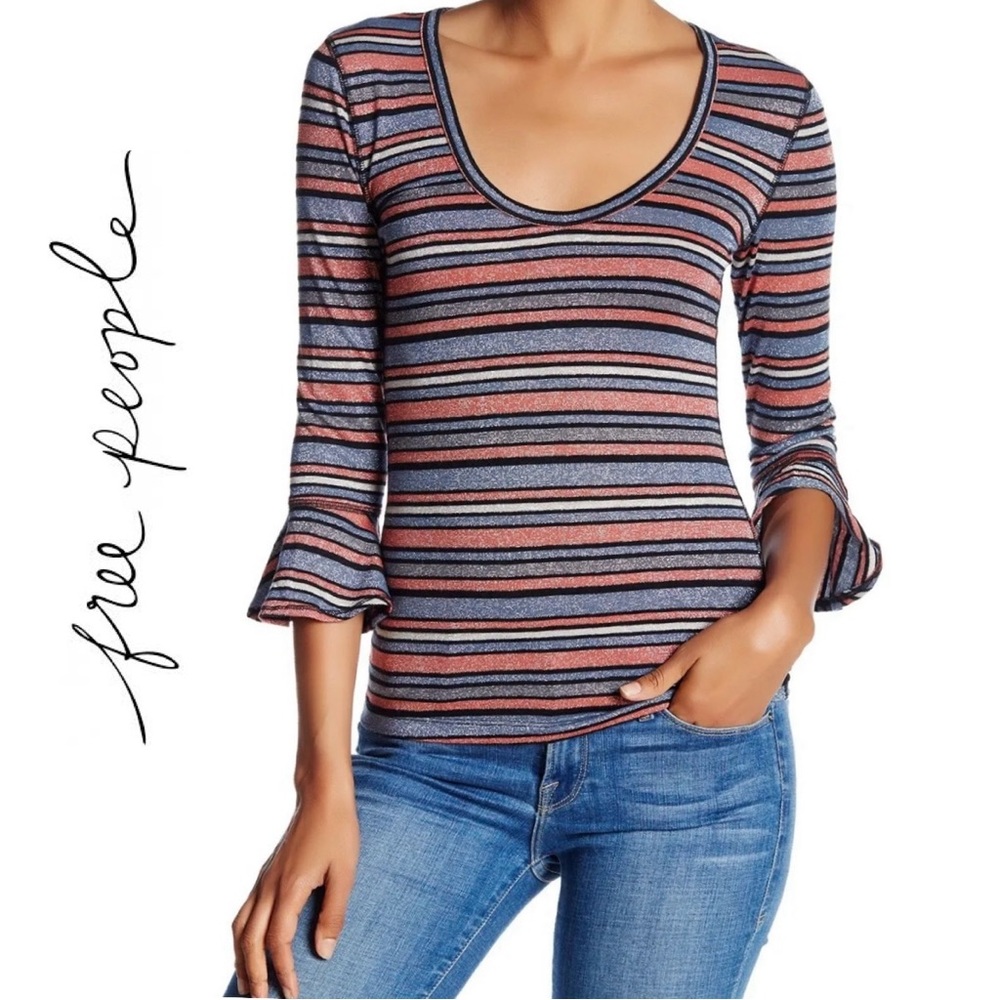 FREE PEOPLE Surprise Party Metallic Striped 3/4 Bell Sleeve Top Blouse Size‎ S